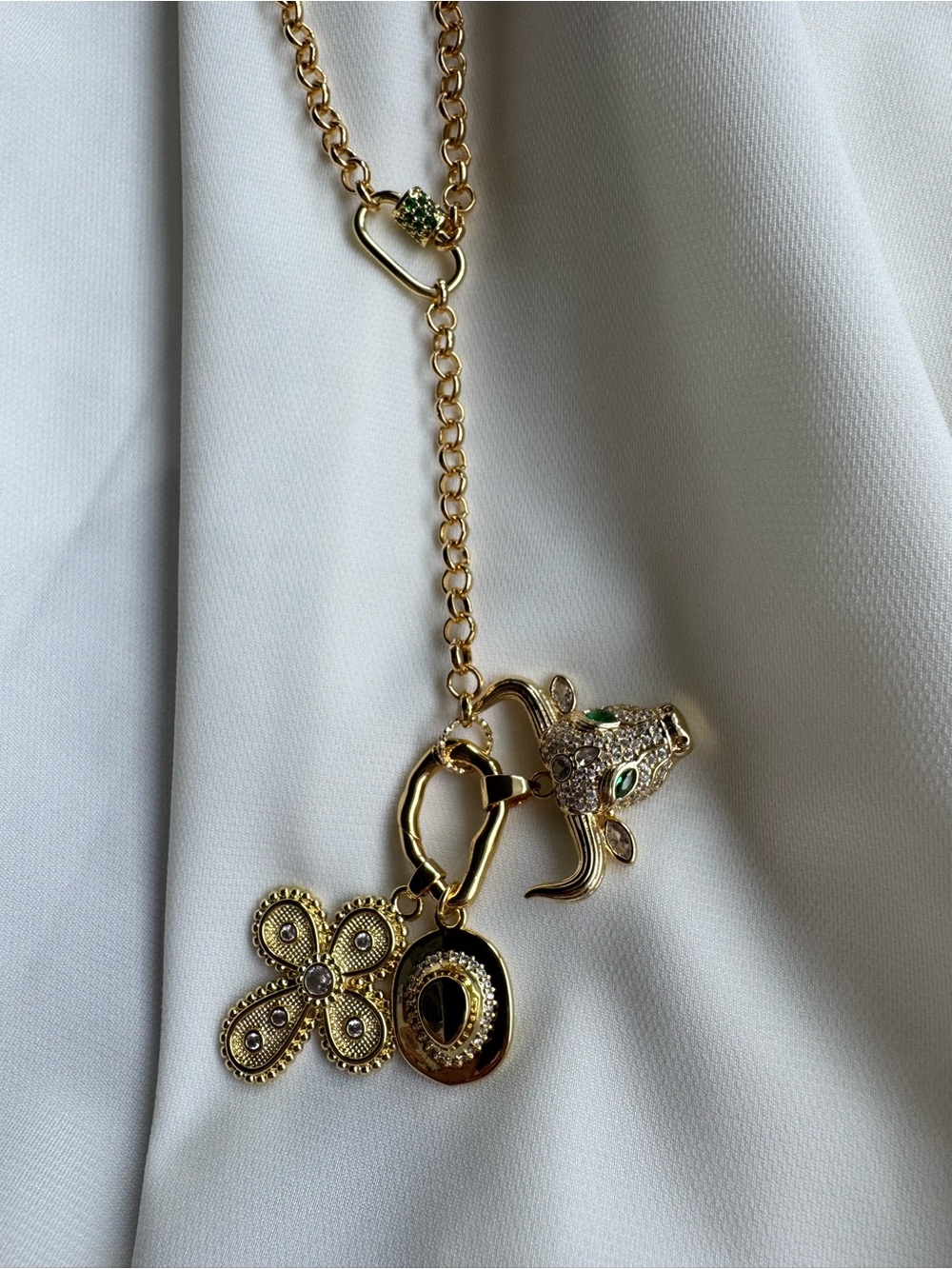Gold Charm Western Lariat Necklace with Green Accent - Women Jewelry - Picture 2 of 4